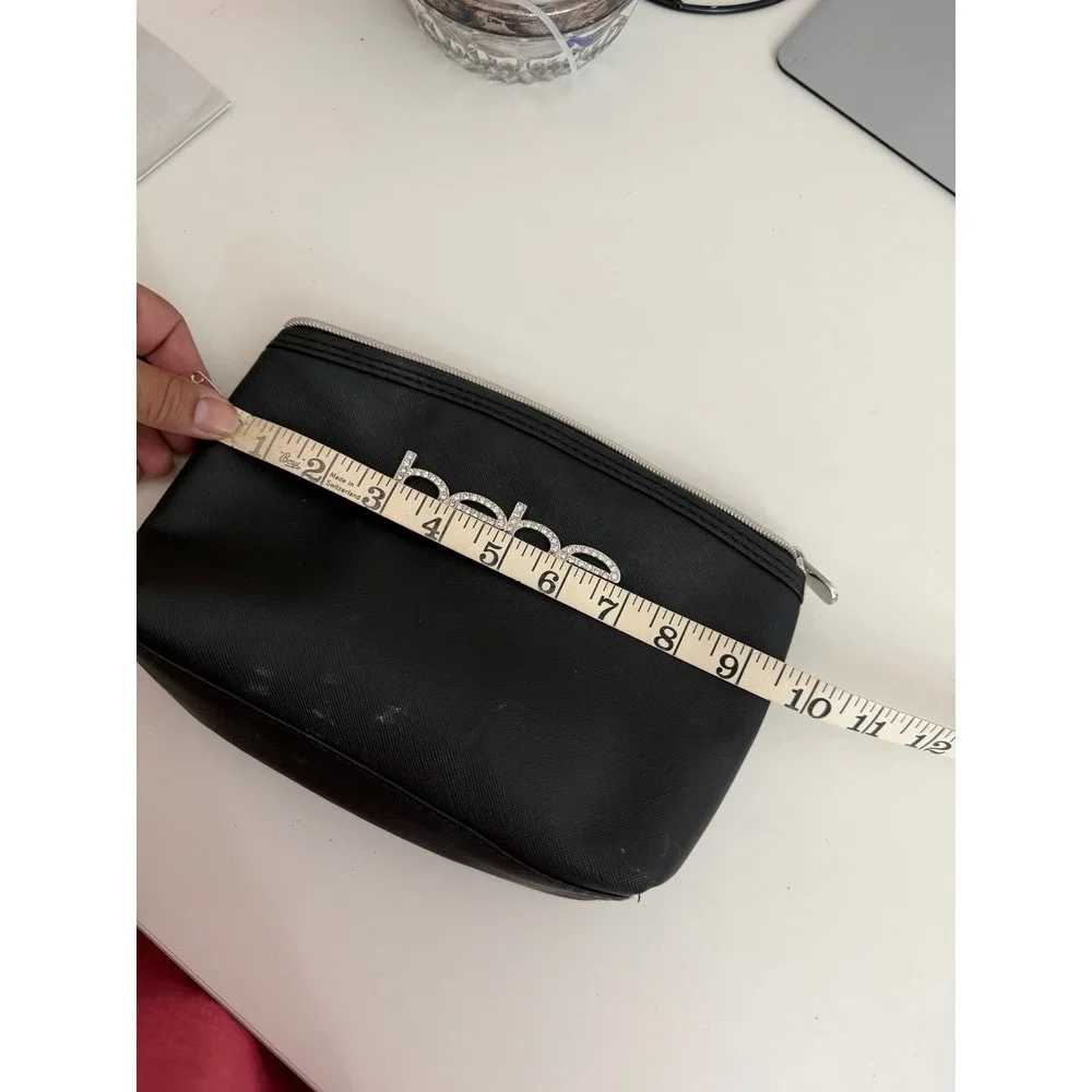 Bebe Black Saffiano Rhinestone Logo Makeup Bag Cosmetic Pouch Zip Top Organizer